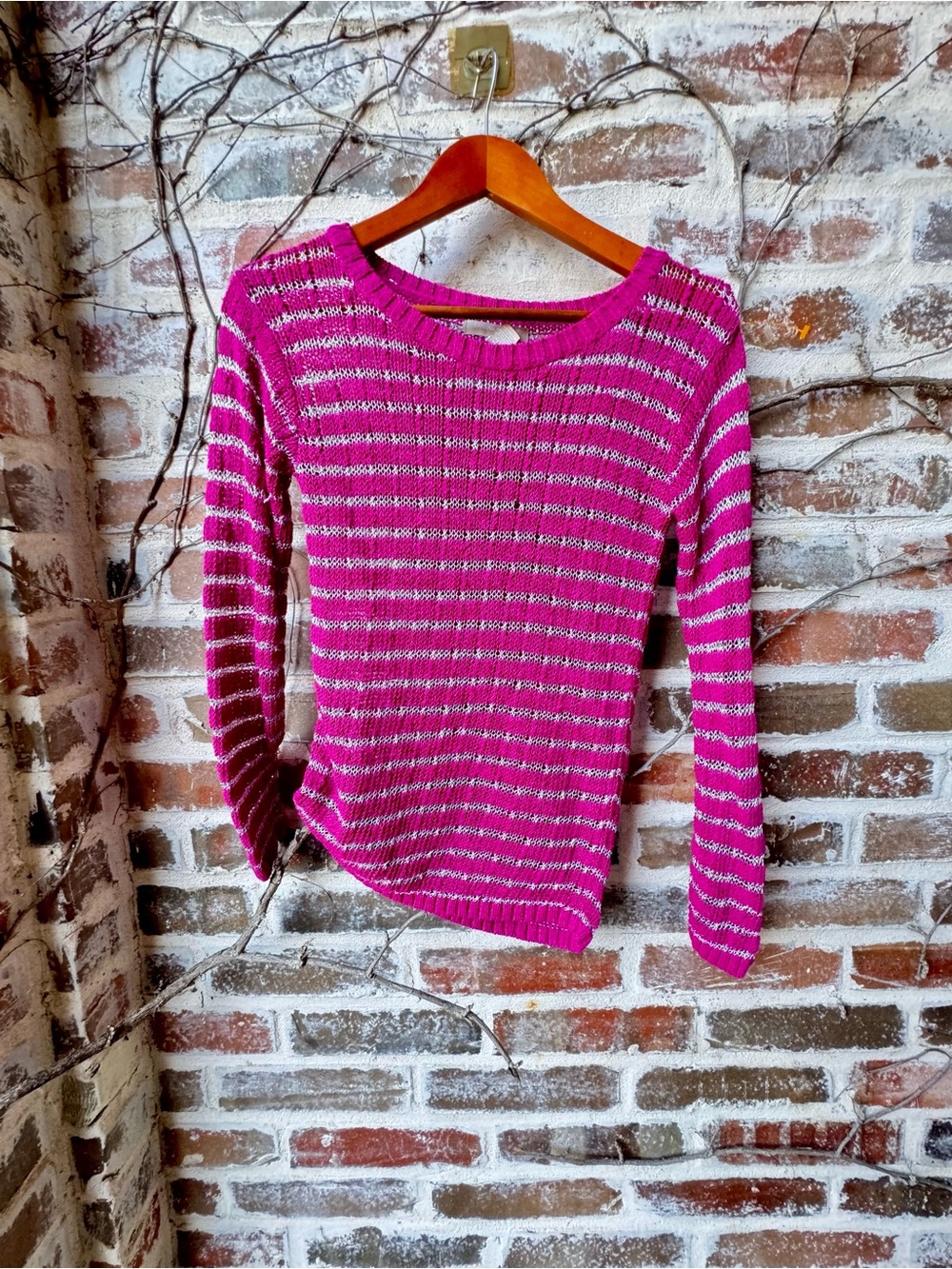 Banana Republic Metallic Striped Open Knit Sweater Pink Silver XS